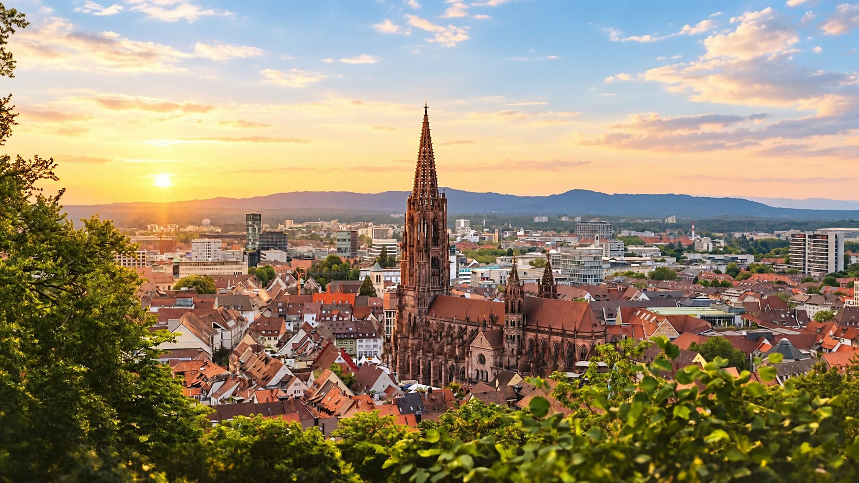 View from the Schlossberg over Freiburg im Breisgau: Freiburg Minster with its open-work spire rises above the old town and its red tiled roofs, with the hills of the Black Forest behind in the evening light